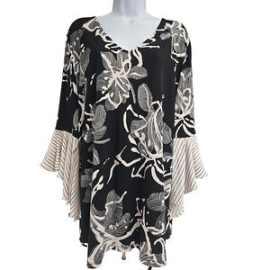 Alfani Womens Top Whimsical V Neck Ruffle Sleeve Black Cream Floral Size XXL